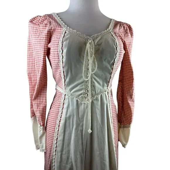 Vintage Gunne Sax Jessica Mcclintock Prairie Boho Corset Dress Checkered Red - Picture 3 of 12